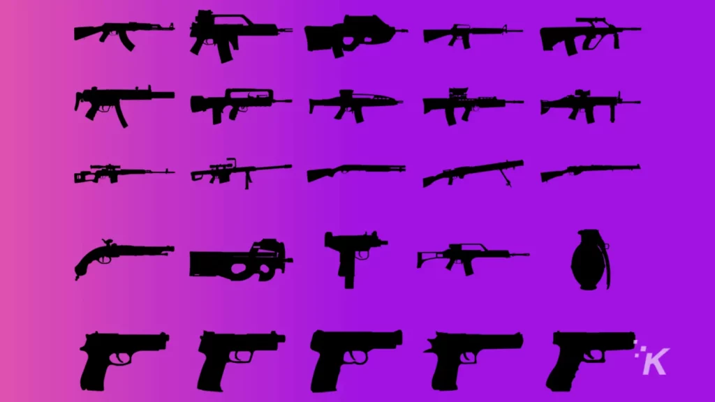 many different guns in purple background