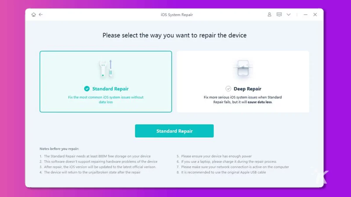 screen shoot of iOS System Repair standard repair program on purple background