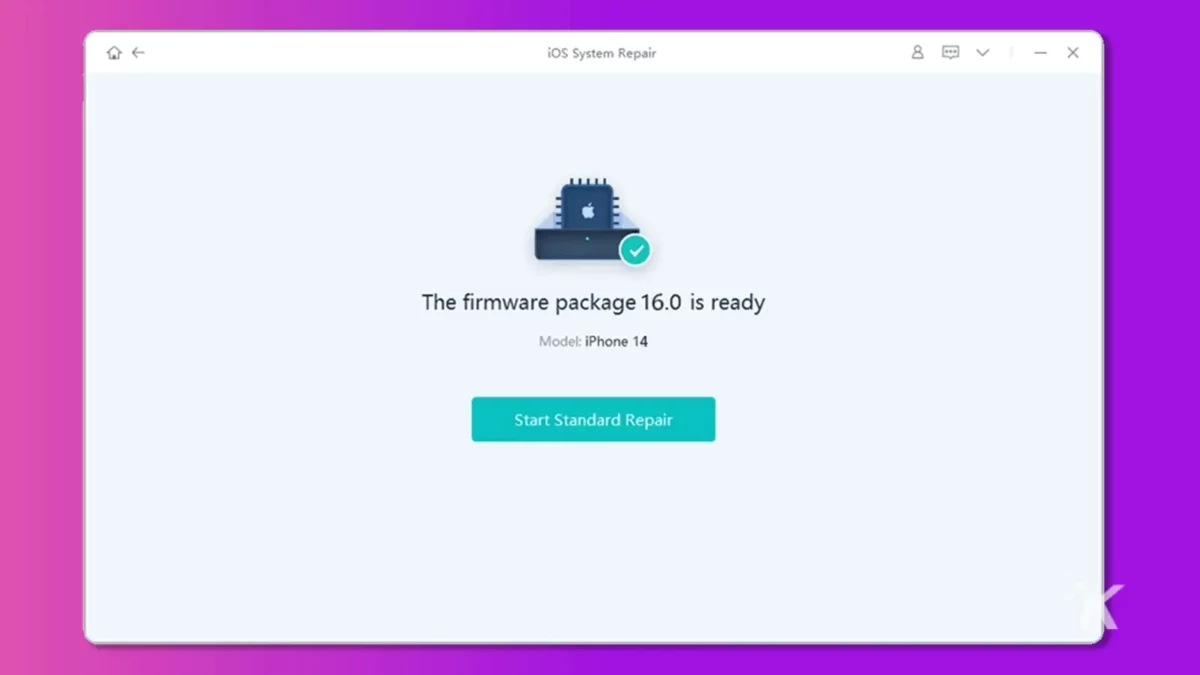 screen shot of System Repair program showing ready start standard repair on purple background