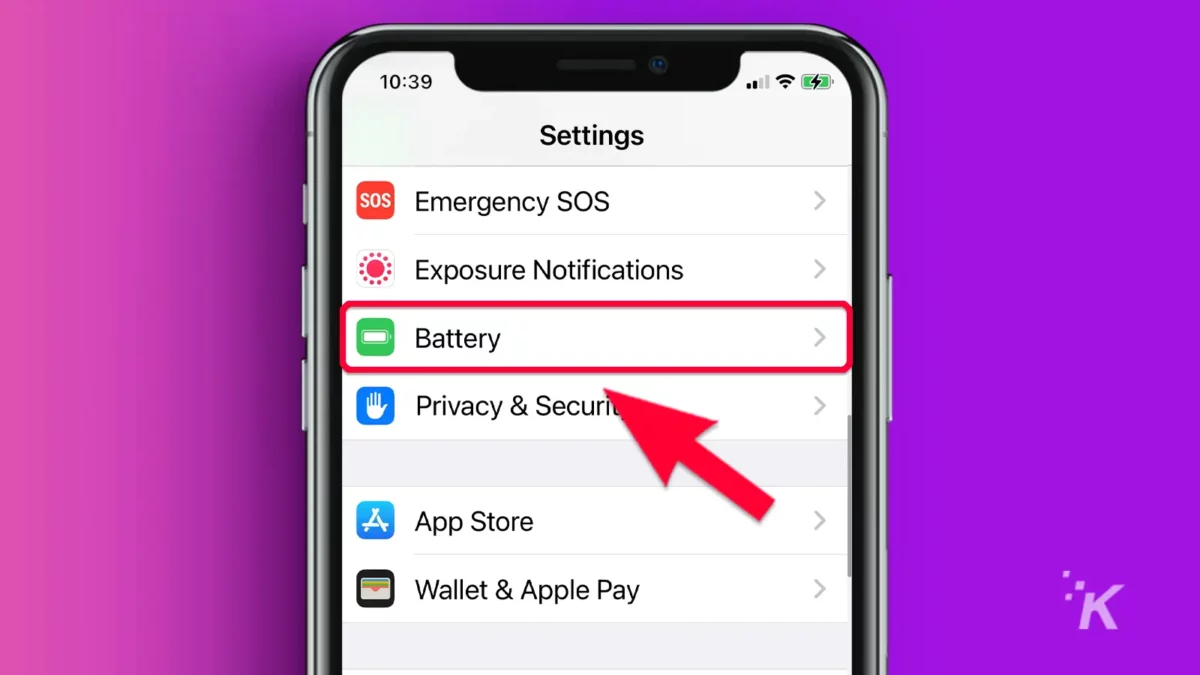 iPhone with arrow pointing to Battery tab in settings