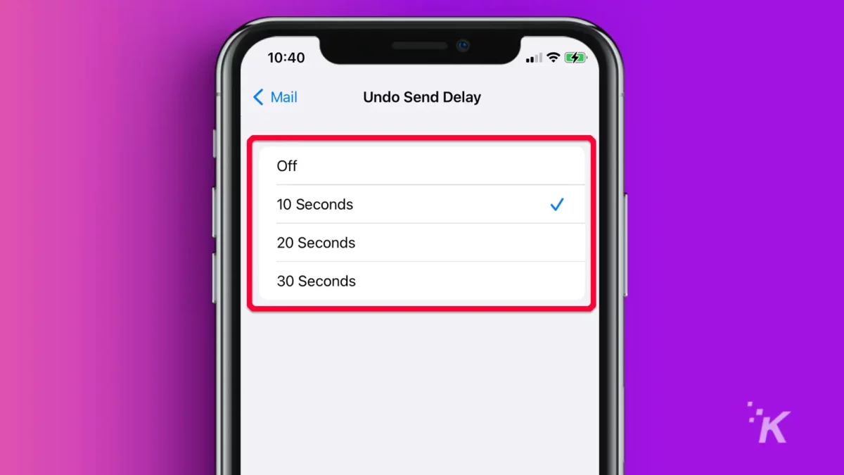 iPhone with red box around the Undo Send Delay screen options