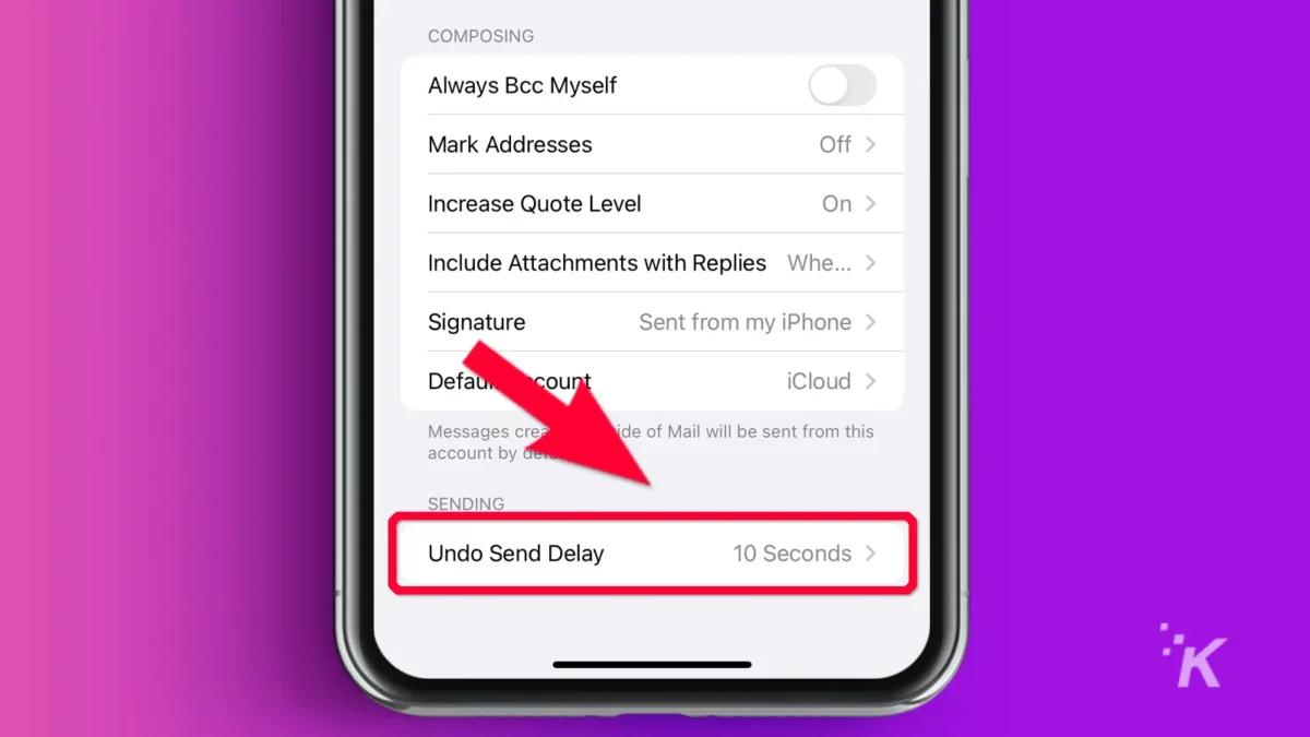 iPhone with arrow pointing to Undo Send delay tab