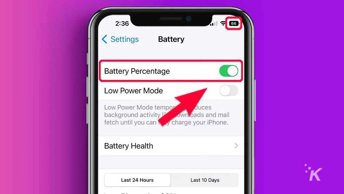 iPhone with arrow pointing to battery percentage tab