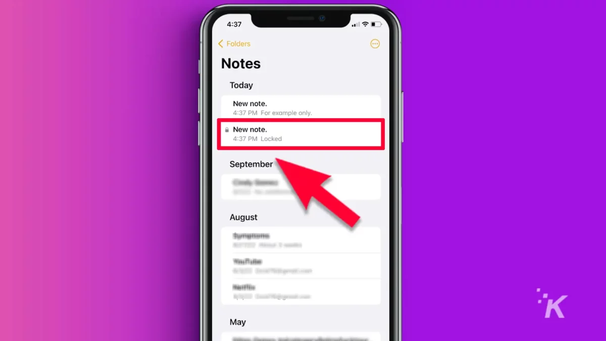 iPhone screen showing red arrow pointing to new note purple background