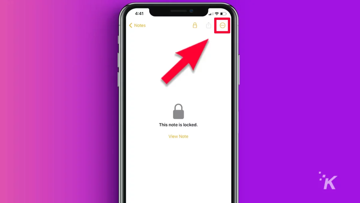 Iphone locked note with arrow pointing top right on 3 dots purple background