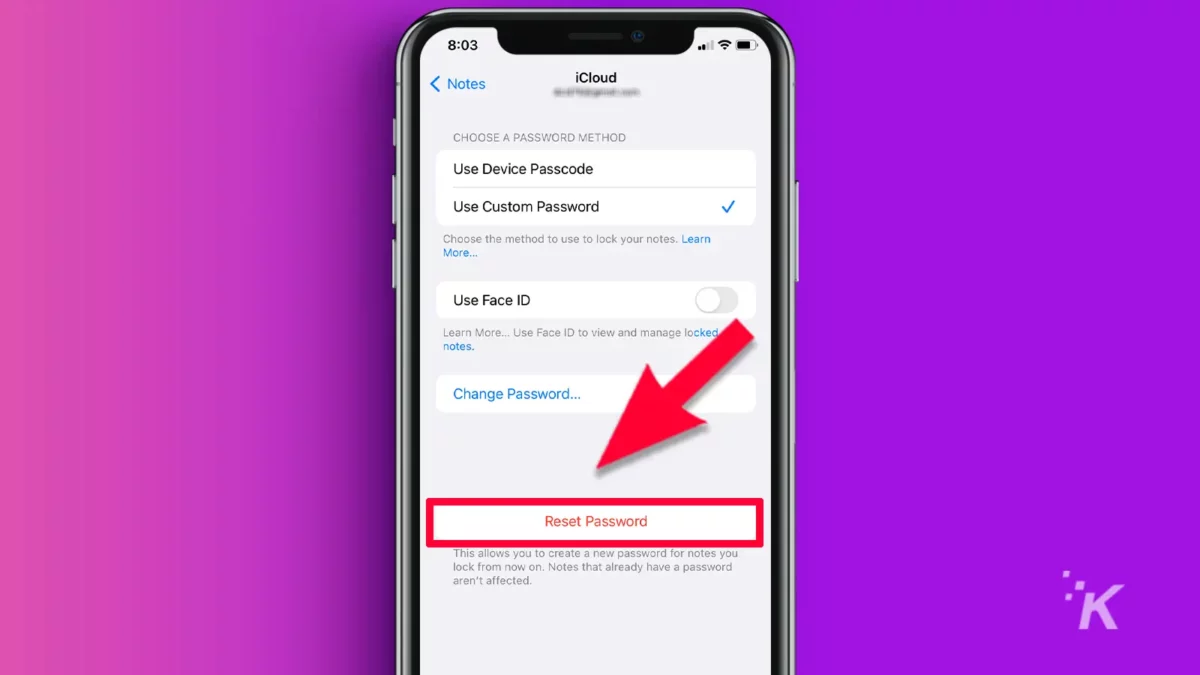 Iphone notes screen arrow pointing to reset password purple background