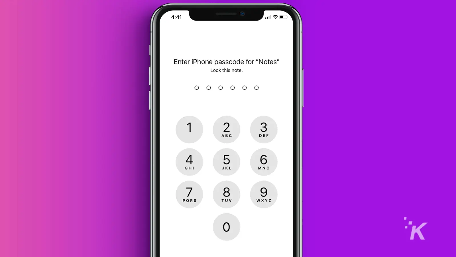 iPhone passcode screen in notes locking a note purple background