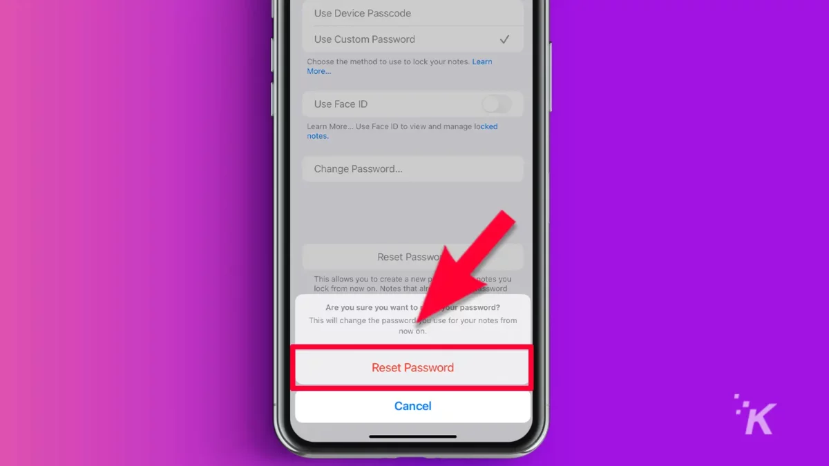 Iphone reset password screen with arrow pointing to reset password in purple background