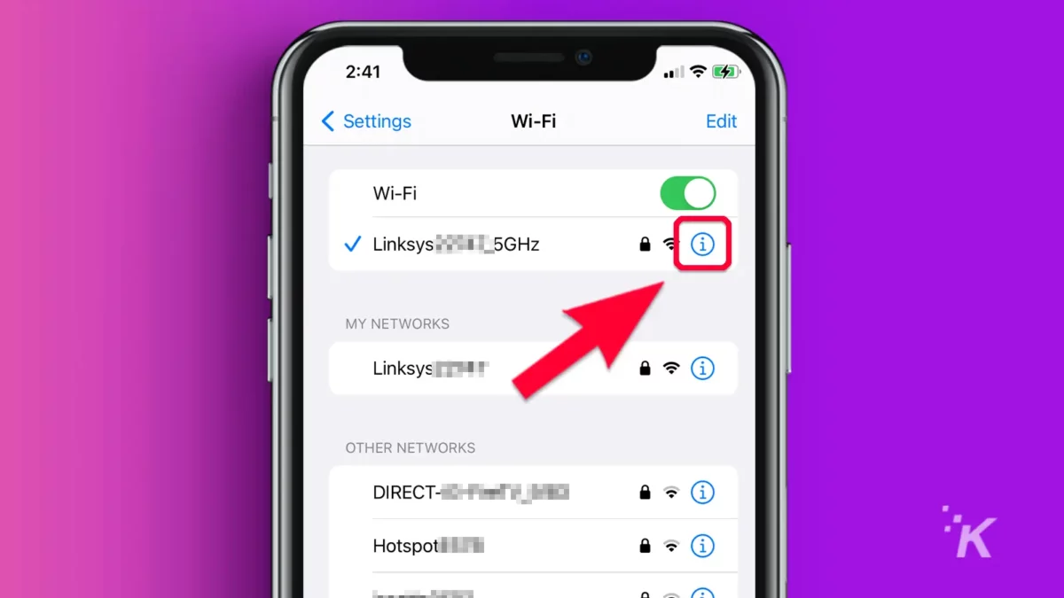 Iphone with arrow pointing to the wifi info icon