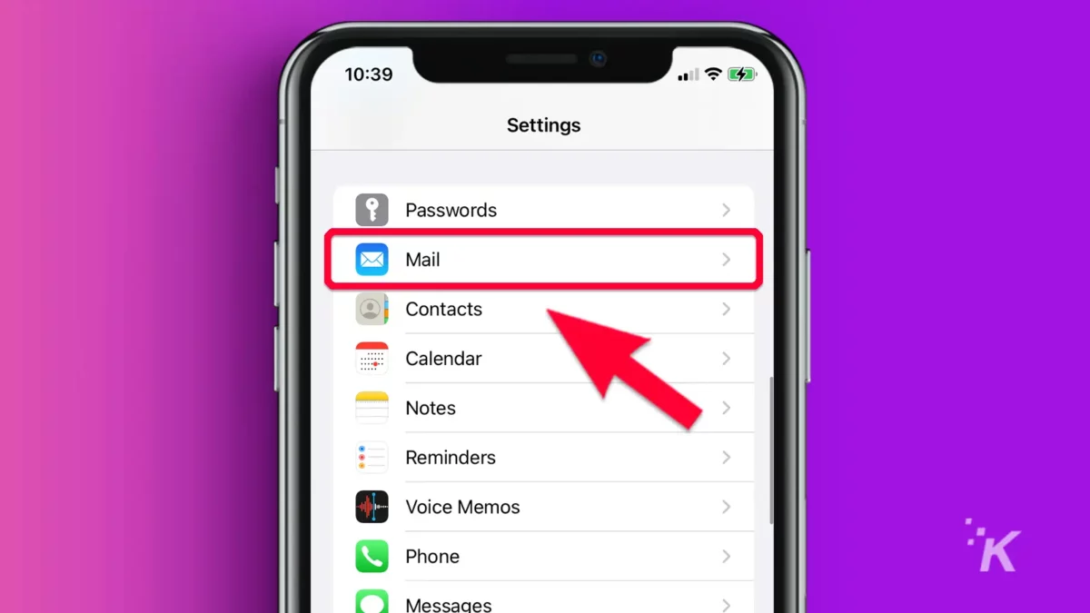 iPhone with arrow pointing to the mail tab in settings