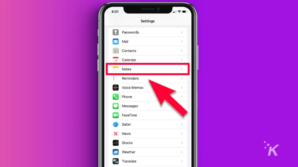 Iphone in the setting screen red arrow pointing to notes purple background