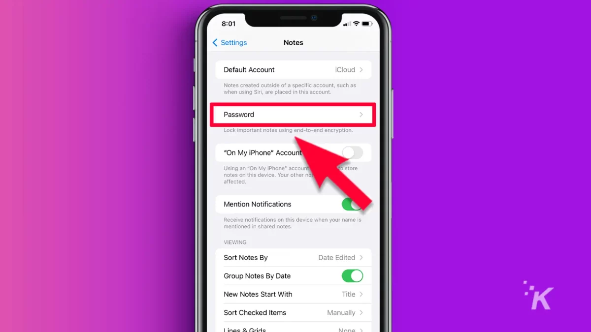 iPhone in notes screen with red arrow pointing to passwords purple background