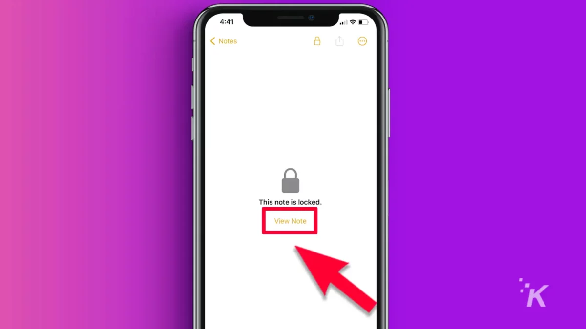 Iphone locked screen with arrow pointing at view note purple background