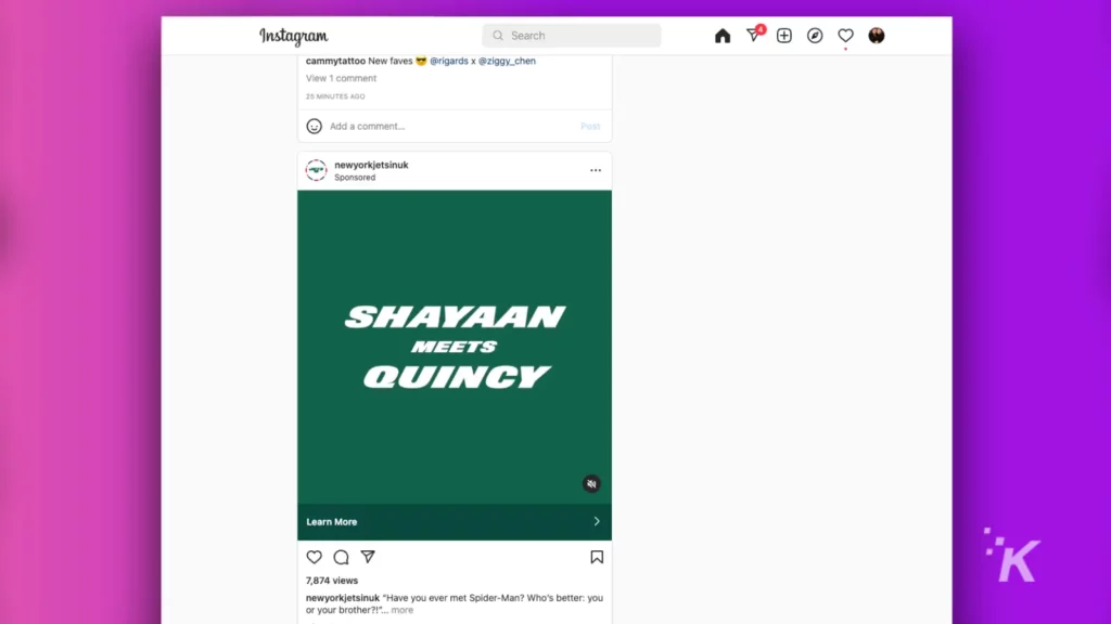 Desktop instagram app showing add