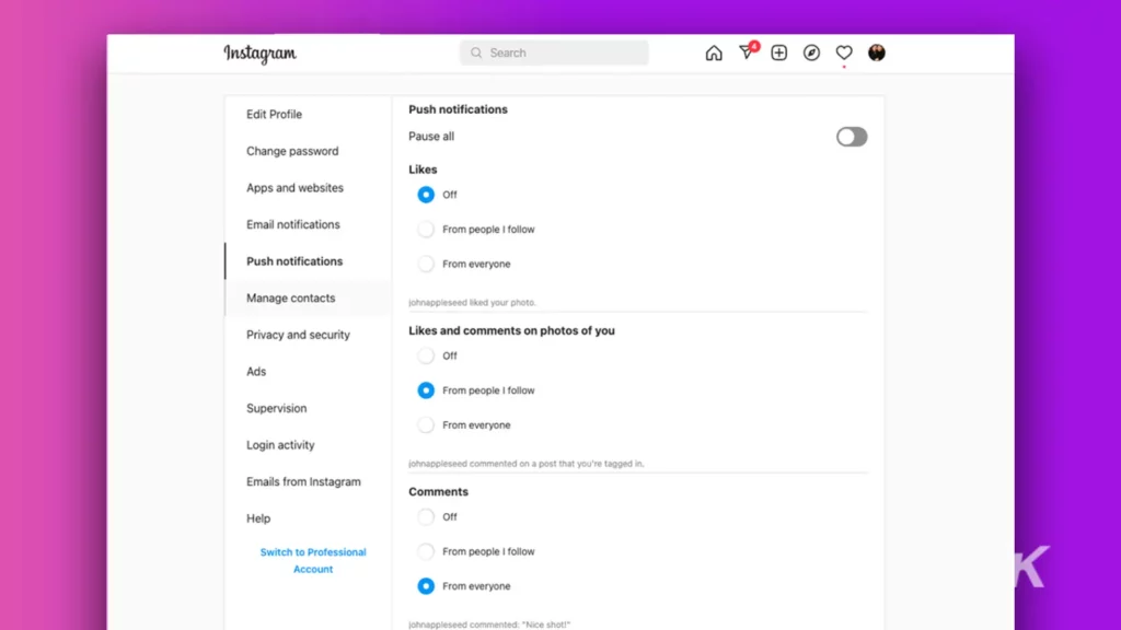 Desktop instagram app settings menu