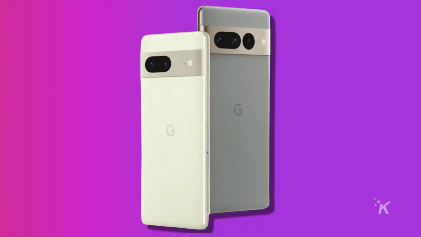 Two pixel 7 devices over a purple background