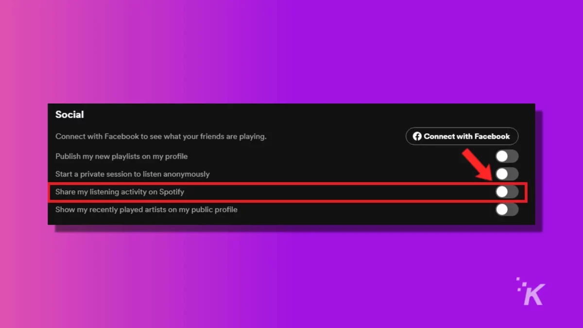 spotify computer share listening activity toggle on purple knowtechie background
