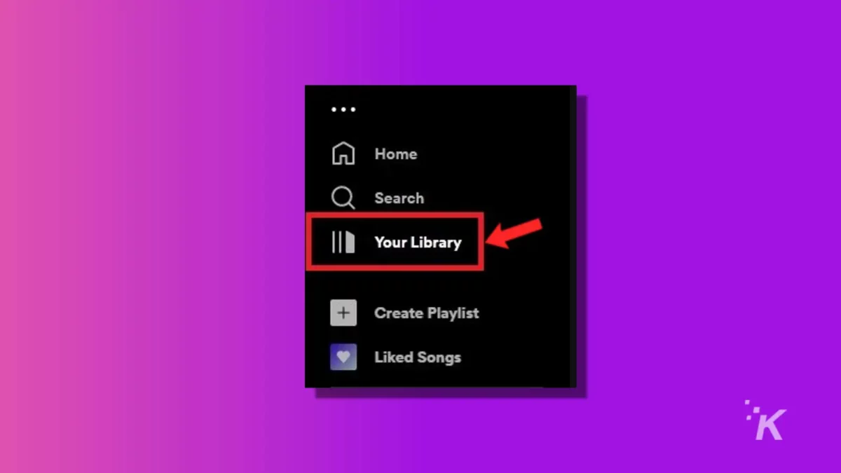 spotify computer your library tab on purple knowtechie background