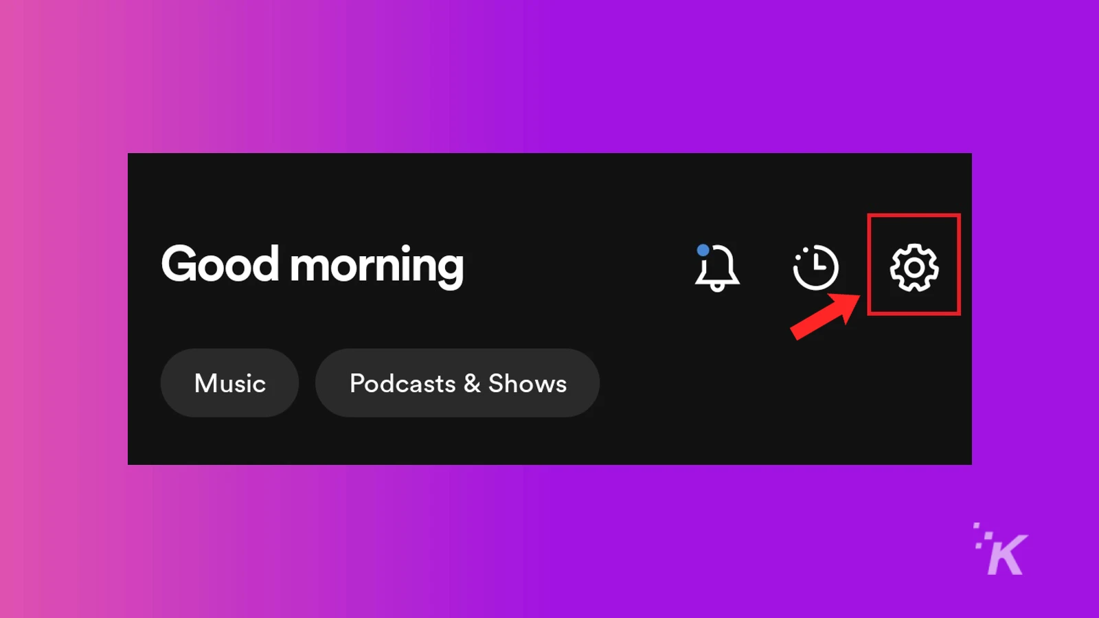 spotify mobile gear icon on purple knowtechie background