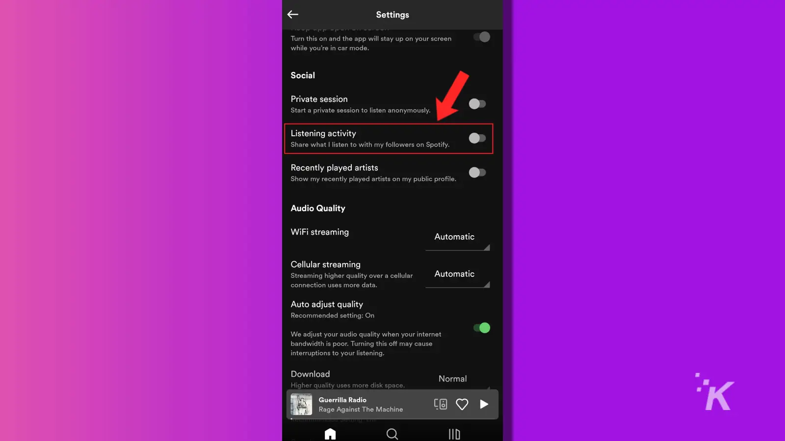 spotify mobile listening activity toggle on purple knowtechie background