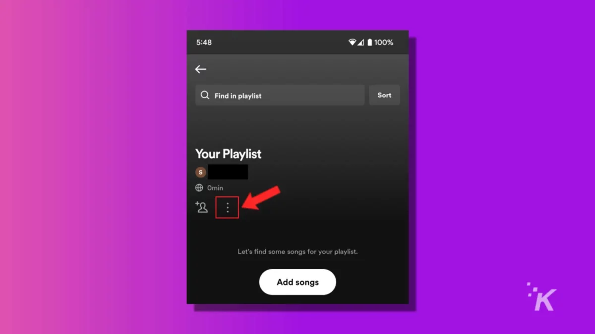 spotify mobile playlist three dot menu on purple knowtechie background