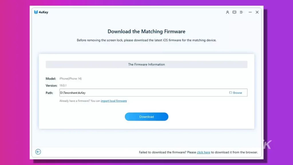 tenoshare screenshot of matching firmware download