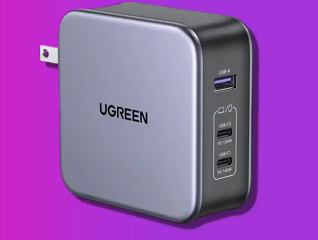 Ugreen Nexode 140W USB C Wall Charger on purple background