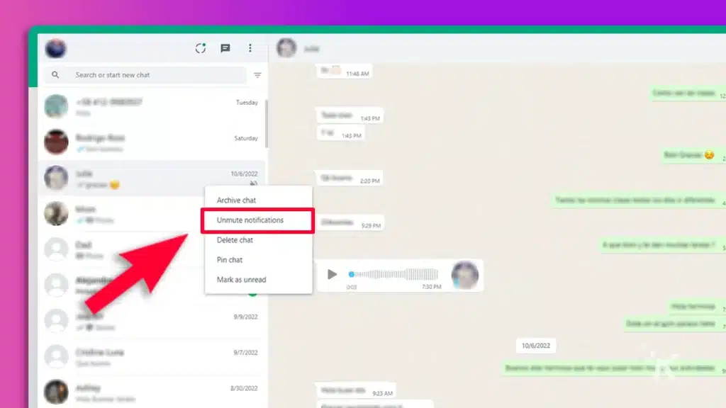 Whatsapp unmute tab in chat