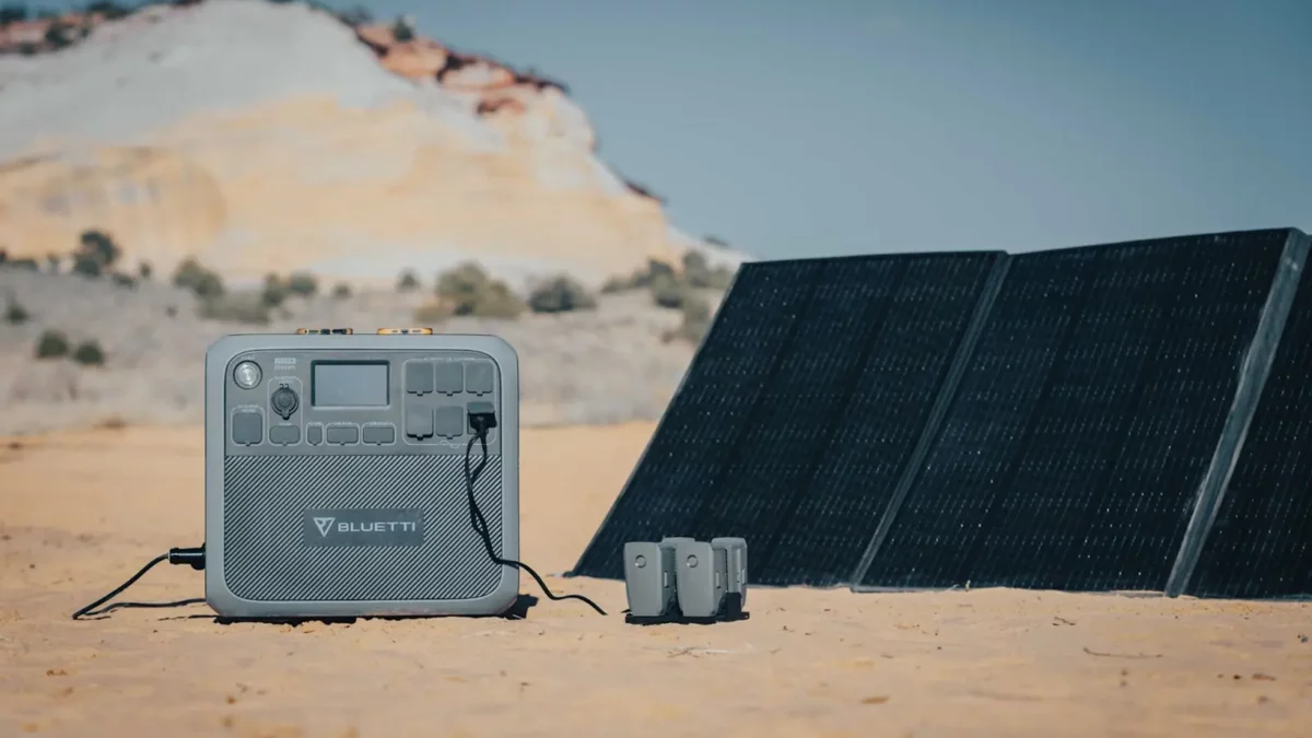 solar panels and power station on the beach