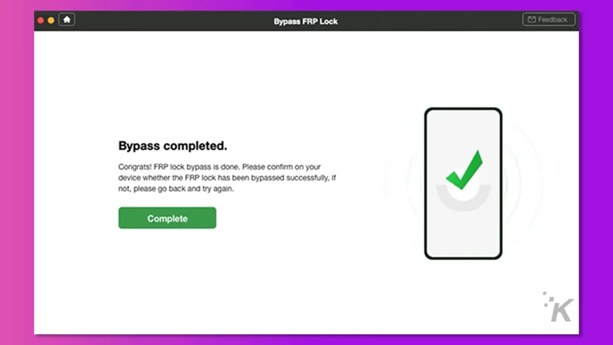 DroidKit program showing bypass complete