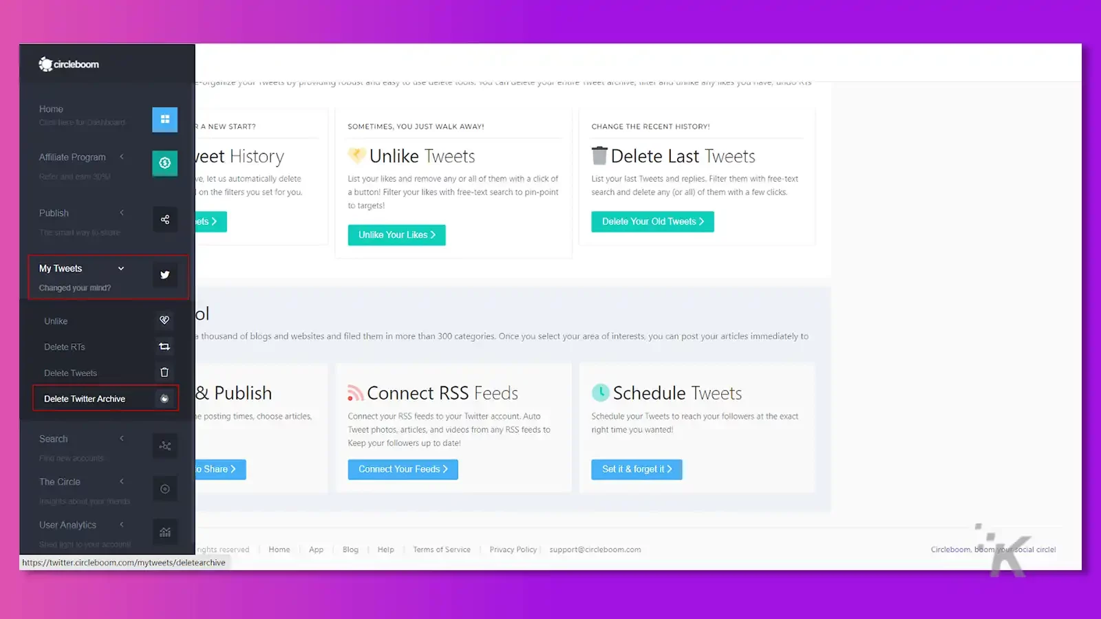Circleboom program with red square around my tweets and delete twitter archive in a purple background