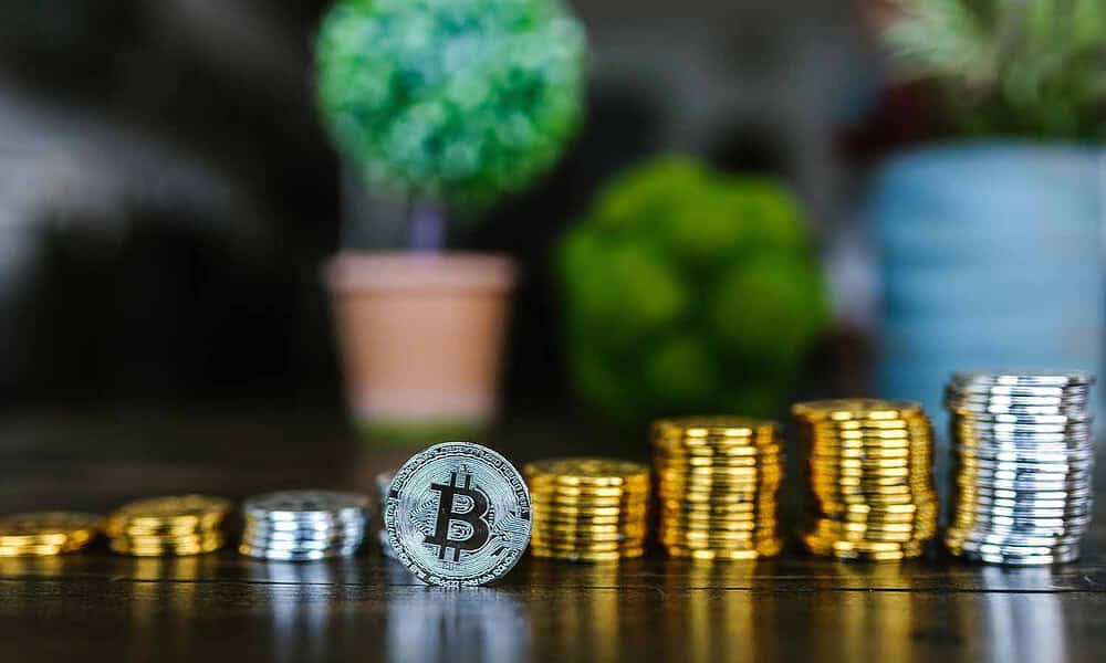 Crypto coins stacked