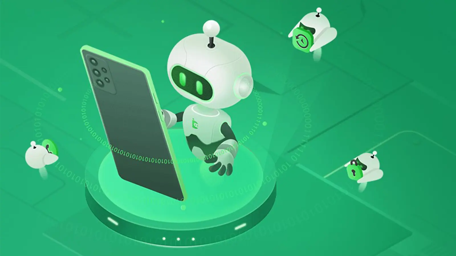 Droidkit with robots looking at a phone in green background