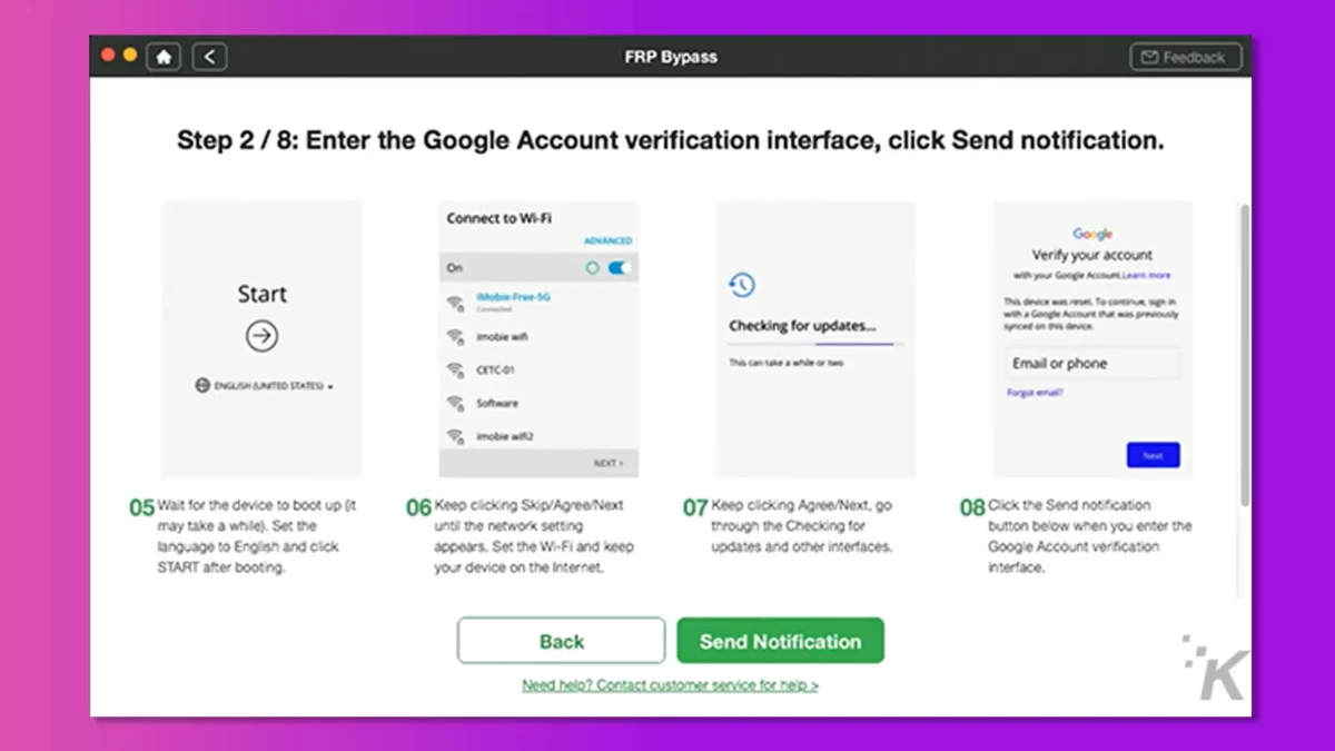 Droidkit program in send notification screen with purple background