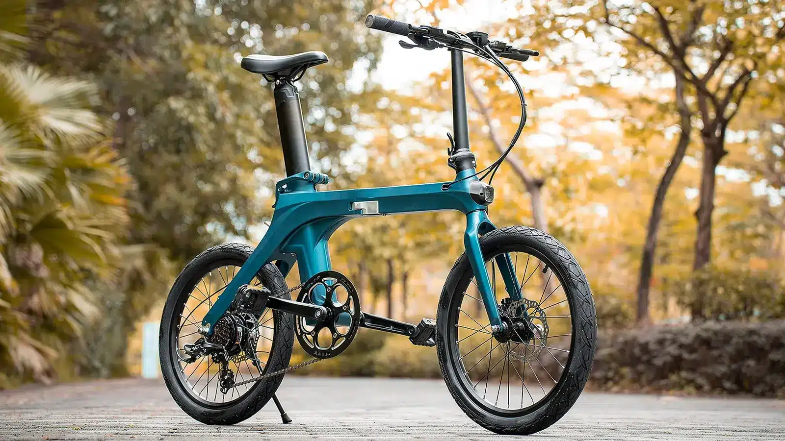 Fiido X folding ebike on the street with woods behind it