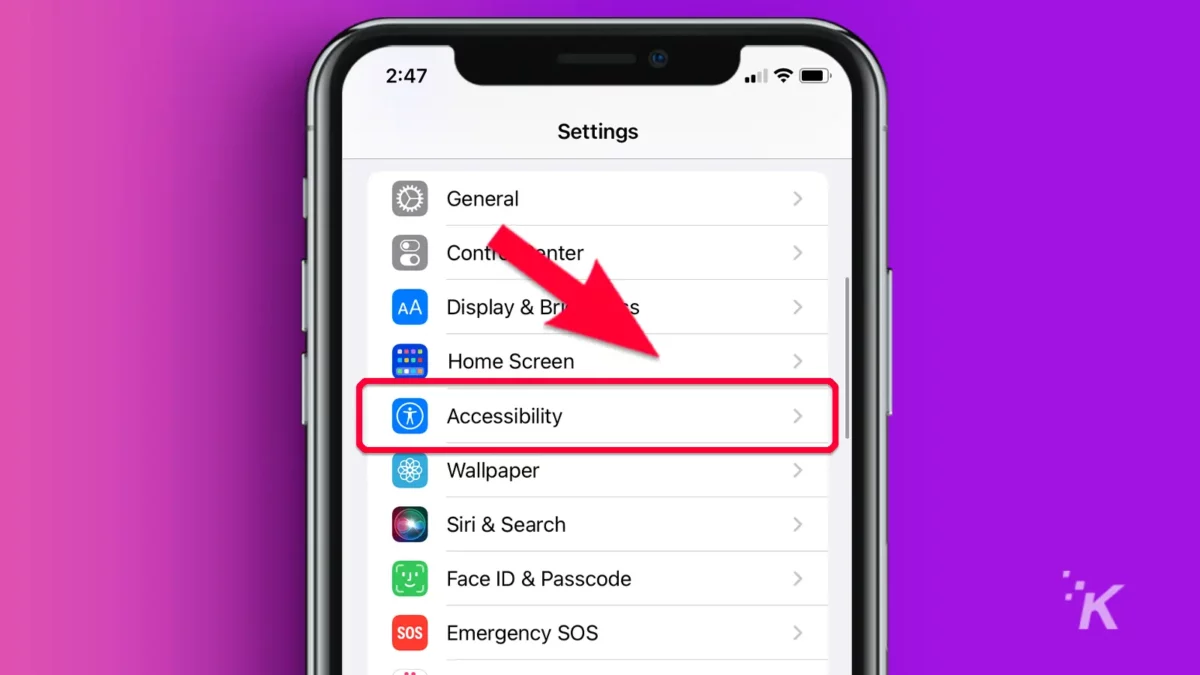 Iphone with arrow pointing to accessibility tab