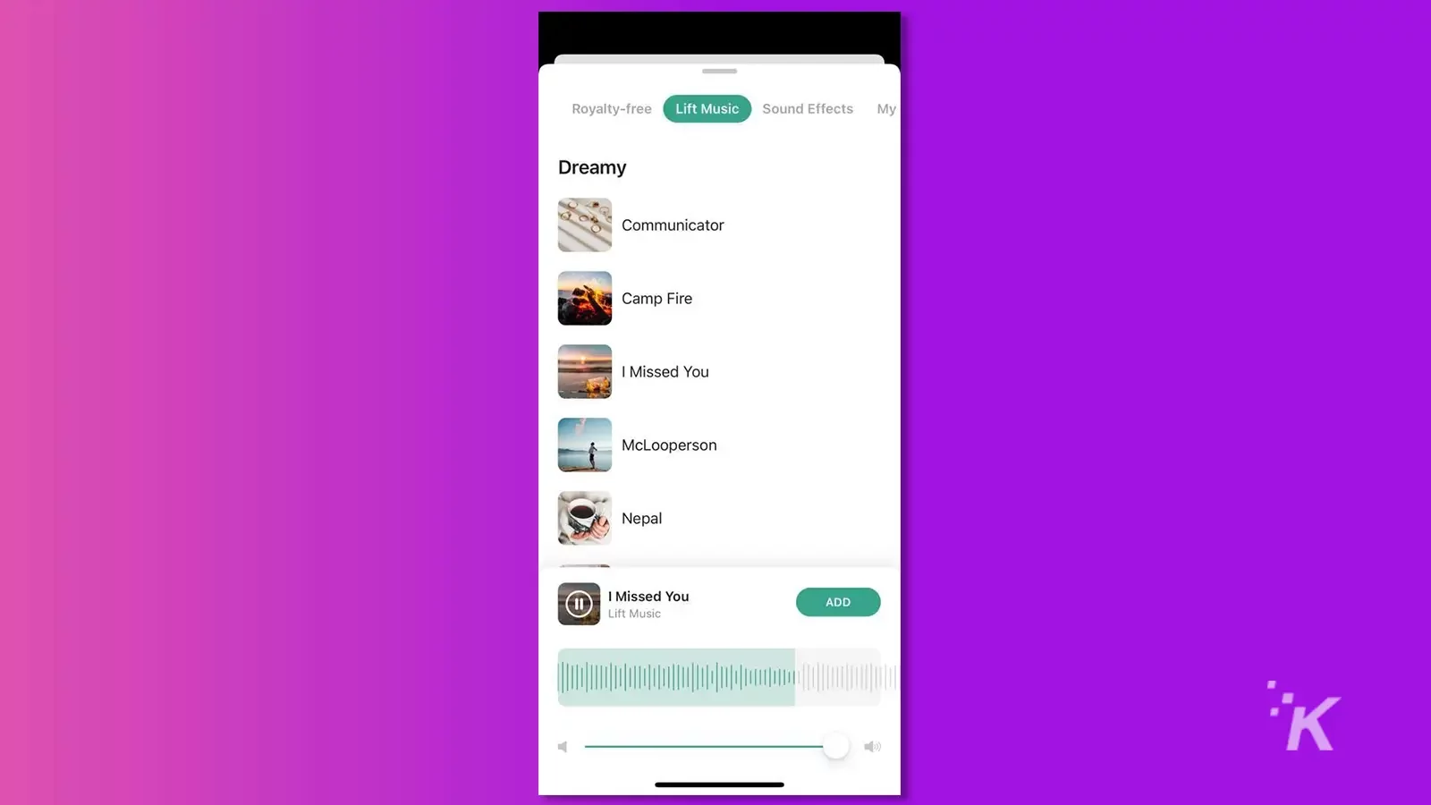 Lift app with a music category in purple background