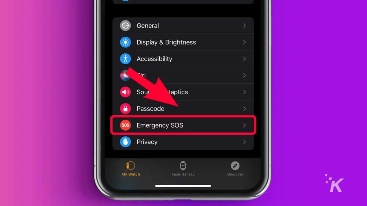 iPhone arrow pointing to emergency sos tab