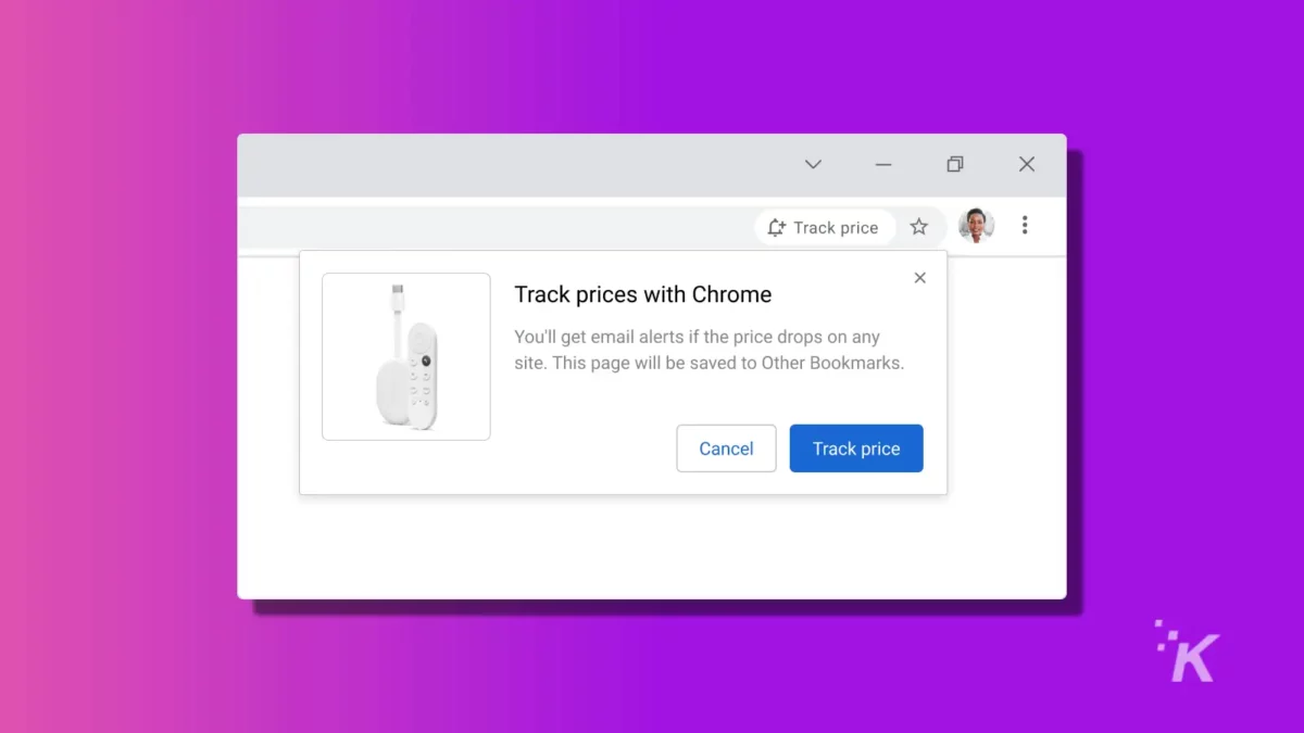 google chrome track prices feature on purple kt background