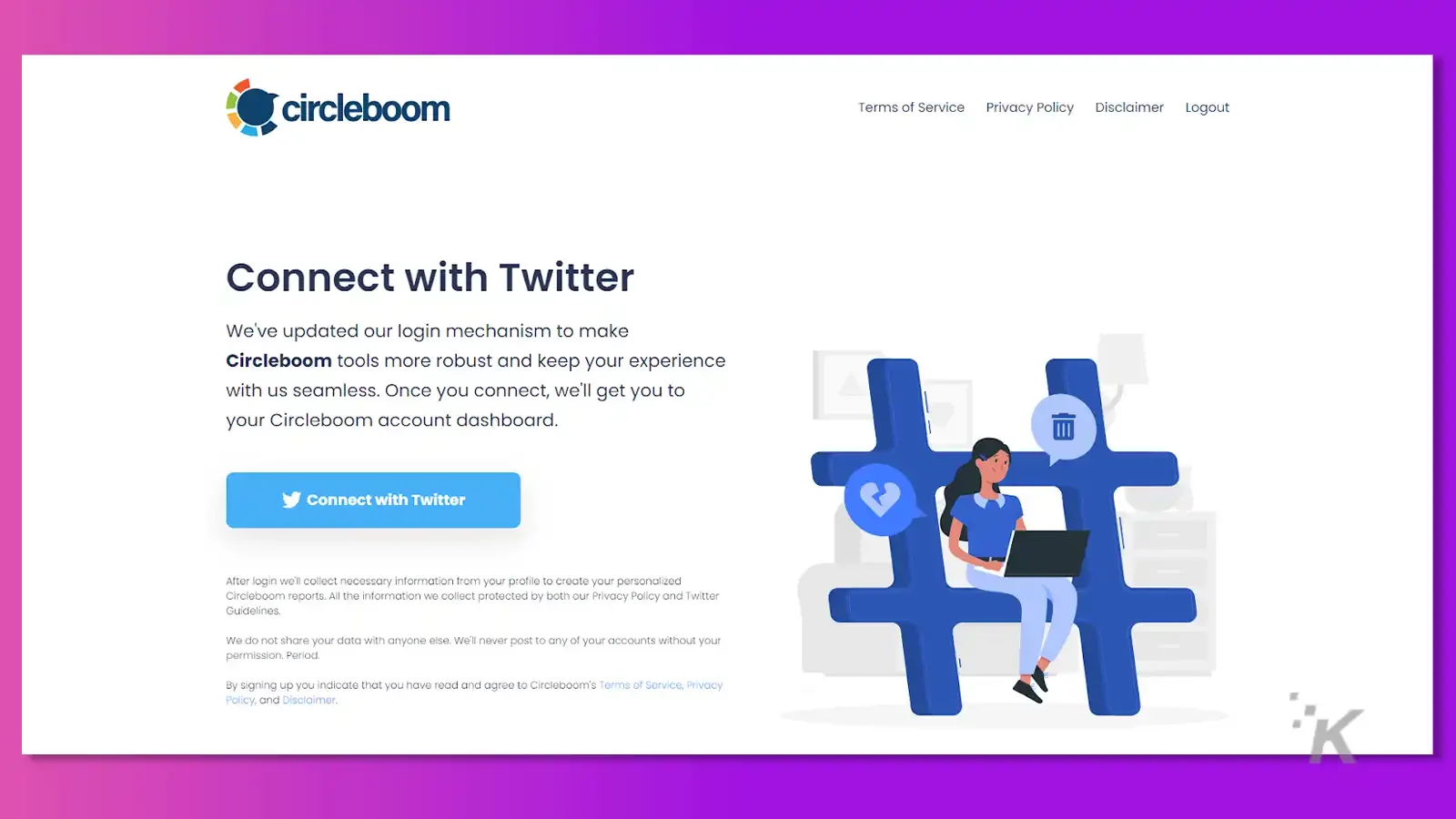 Circleboom connect to twitter screen in a purple background