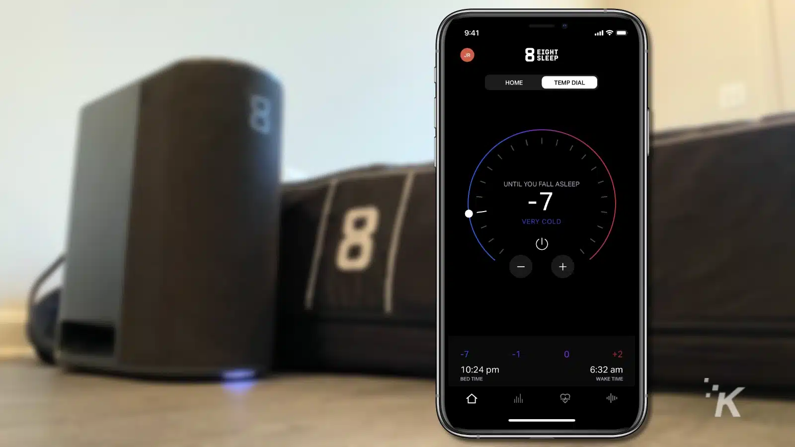 temperature dial of eight sleep app floating over a blurred mattress