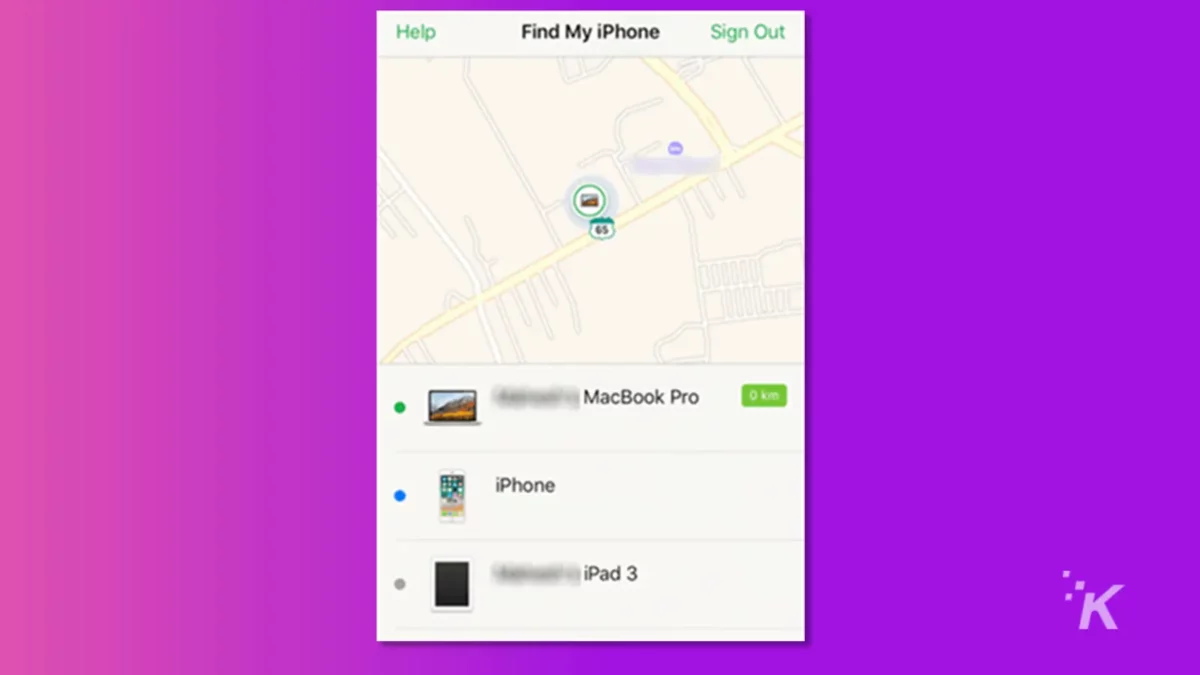 Image of find my iphone app with map of located iphone