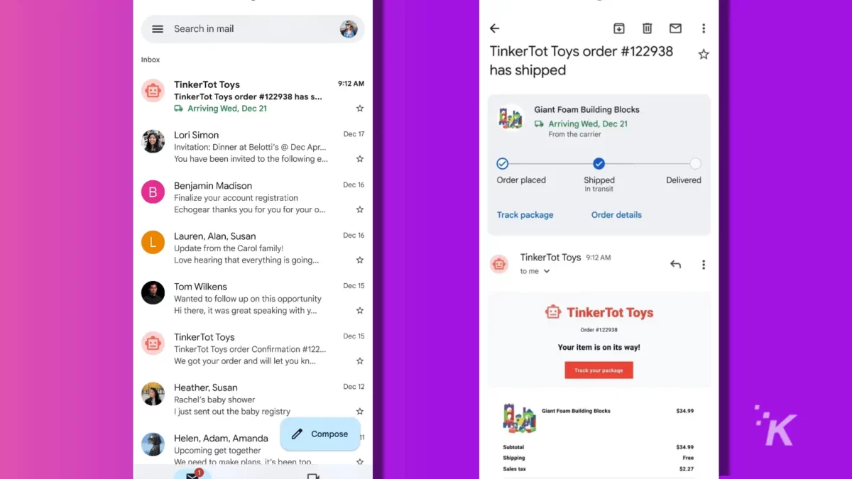 gmail shipment tracking in inbox and email on purple knowtechie background