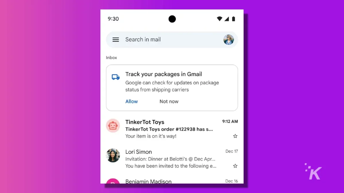 gmail shipment tracking opt in message on purple knowtechie background