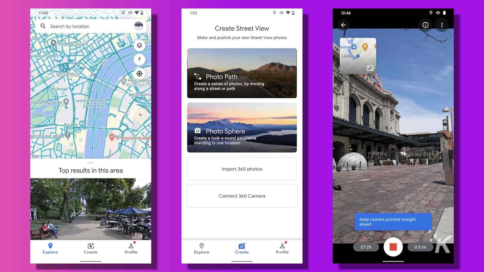 google street view app screenshots on purple knowtechie background