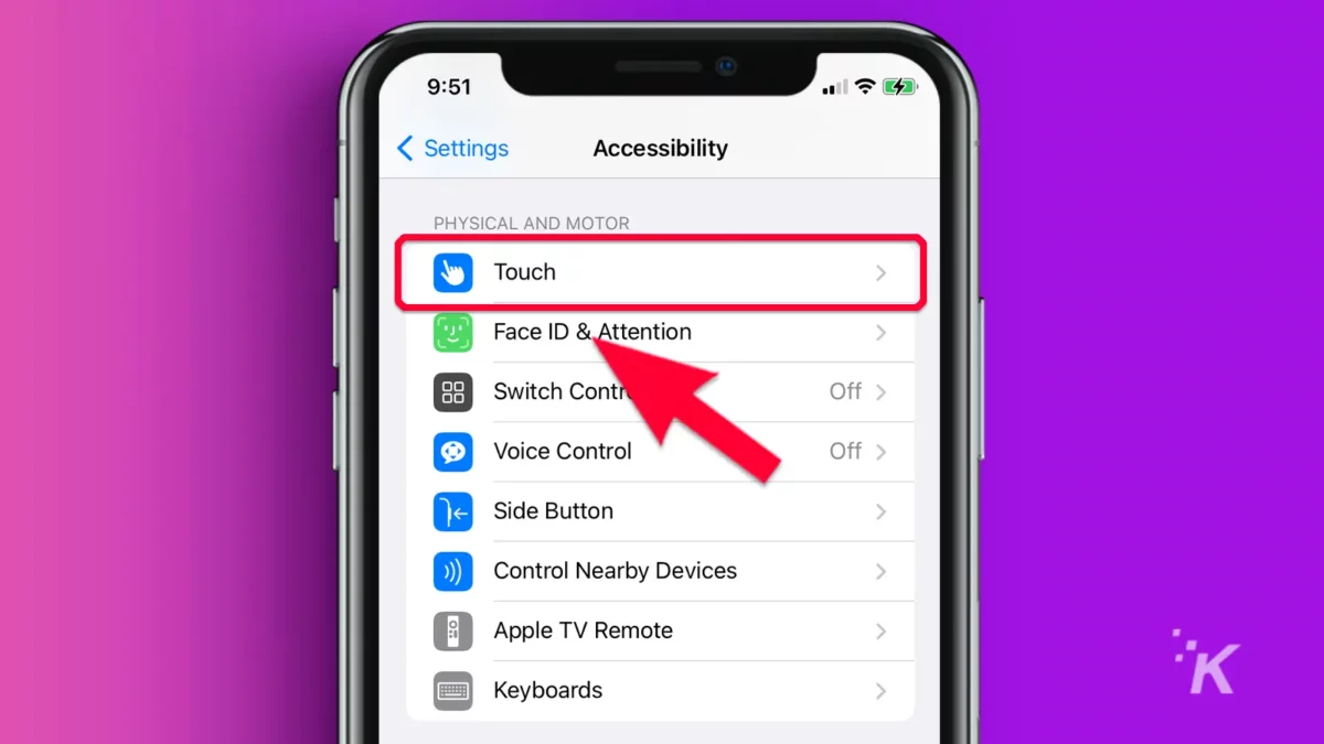 iPhone in settings with arrow pointing to the Touch tab in a purple background