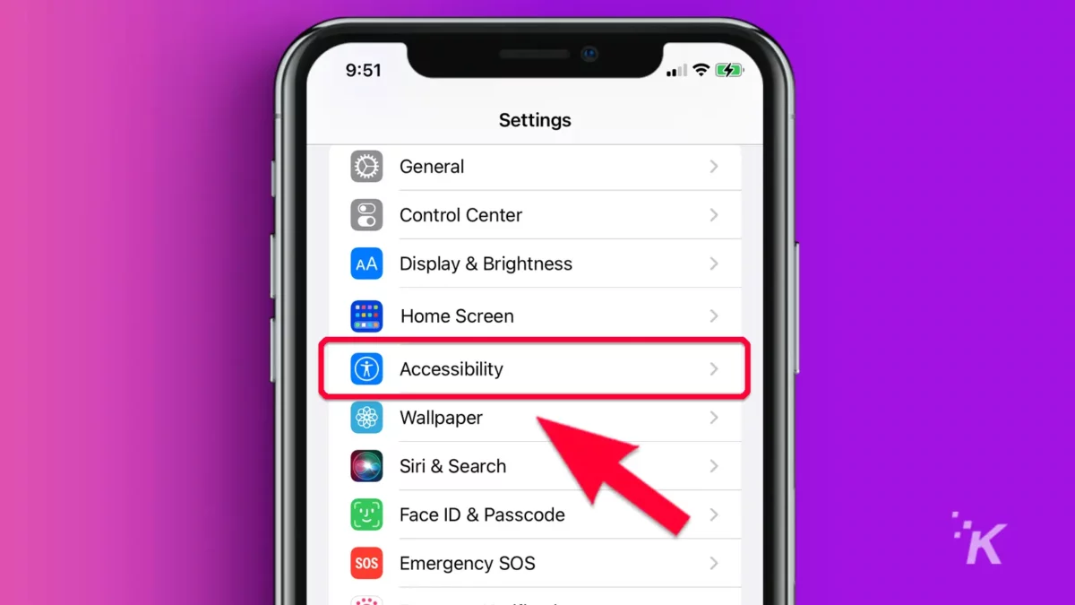 Iphone with arrow pointing to accessibility in settings with purple background