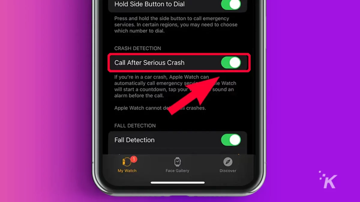 iPhone arrow pointing to  call after serious crash tab