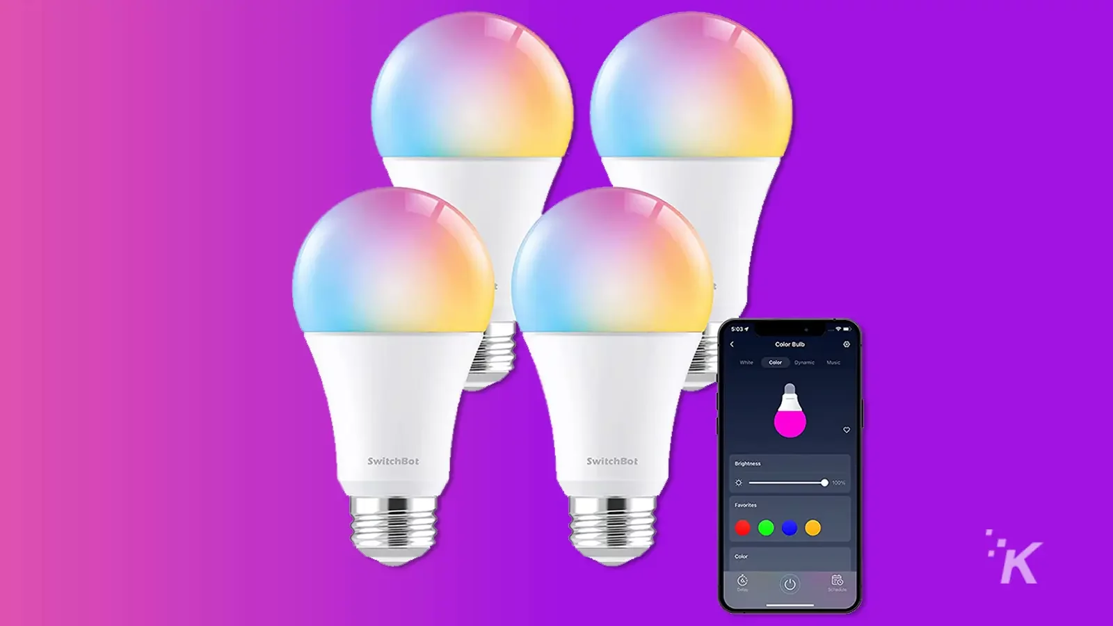 set of smart bulbs with phone in purple background