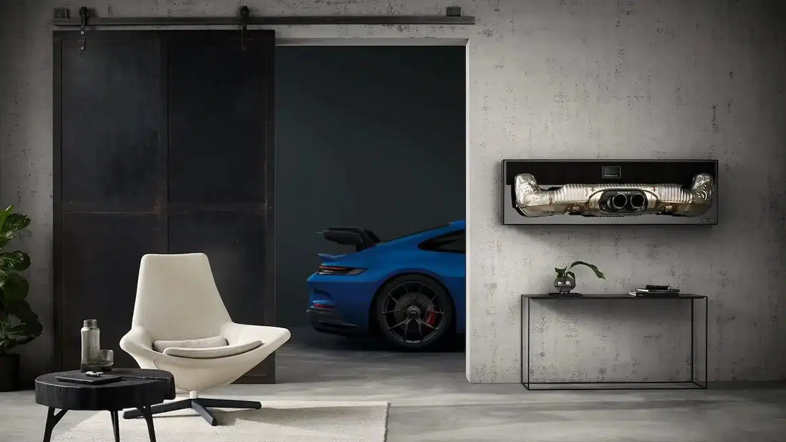 porsche 911 soundbar on wall of industrial apartment